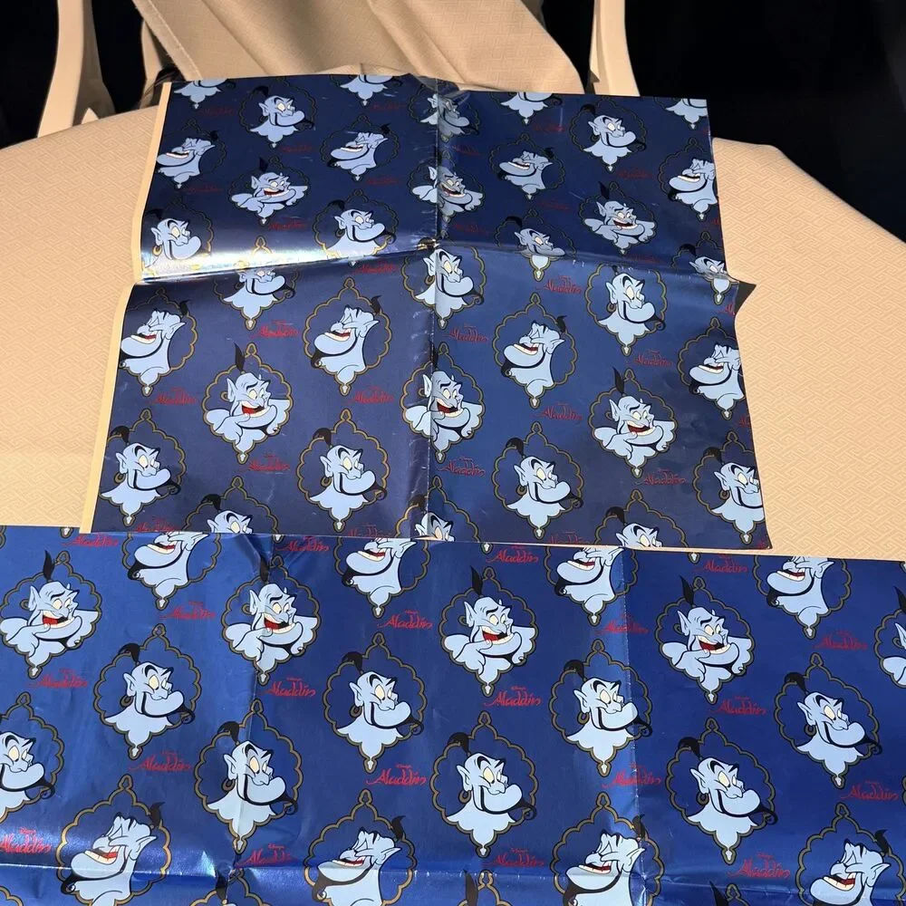 Vintage Disney Aladdin Genie Gift Wrap 2 Sheets Wrapping Paper Blue Shiny Fun